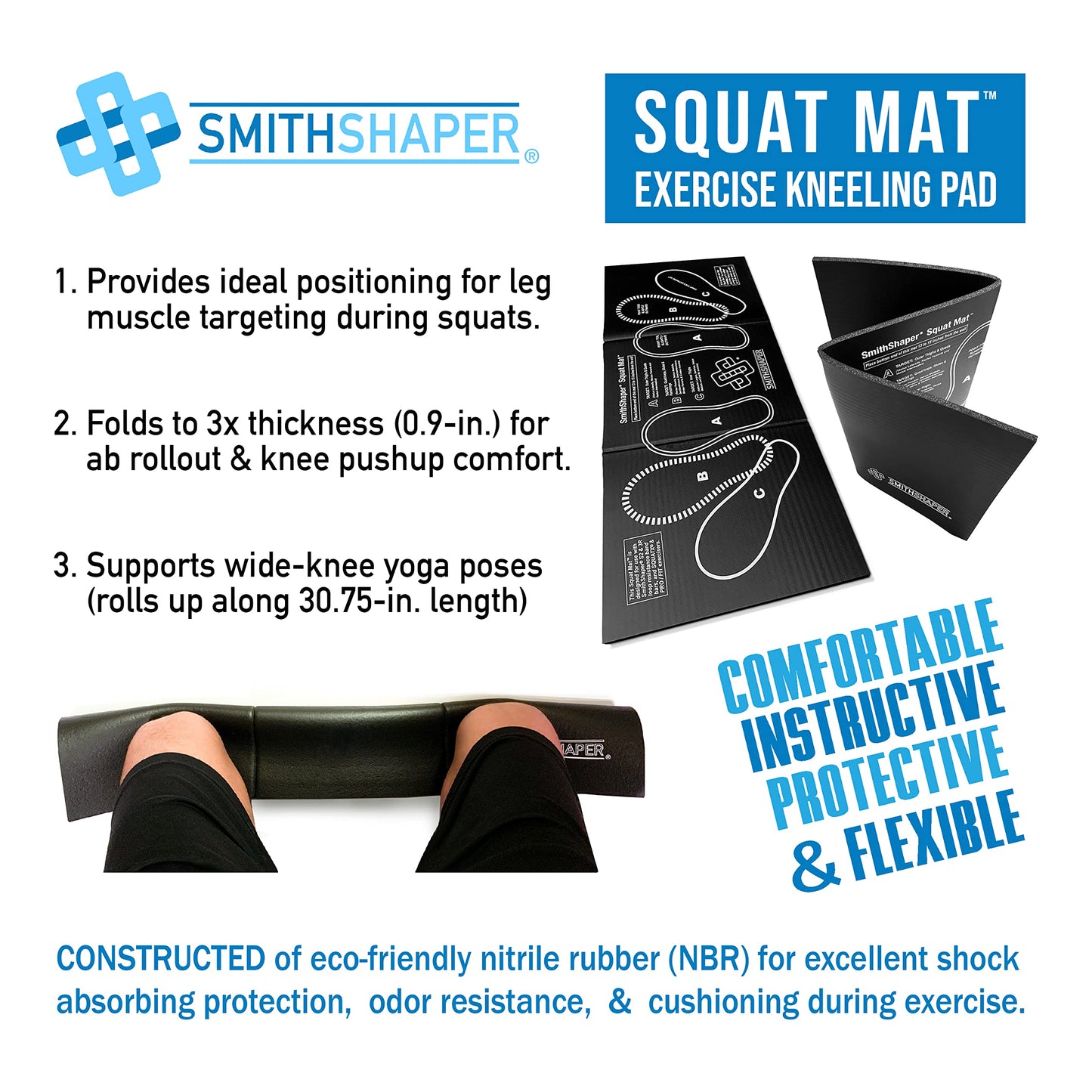 SmithShaper Squat Mat Knee Mat - 30.75" Length -Squats Leg Muscle Targeting - Folds to 0.90-inch Thick Exercise Kneeling Mat - Ab Rollouts - Knee Pushups Pad - NBR Black